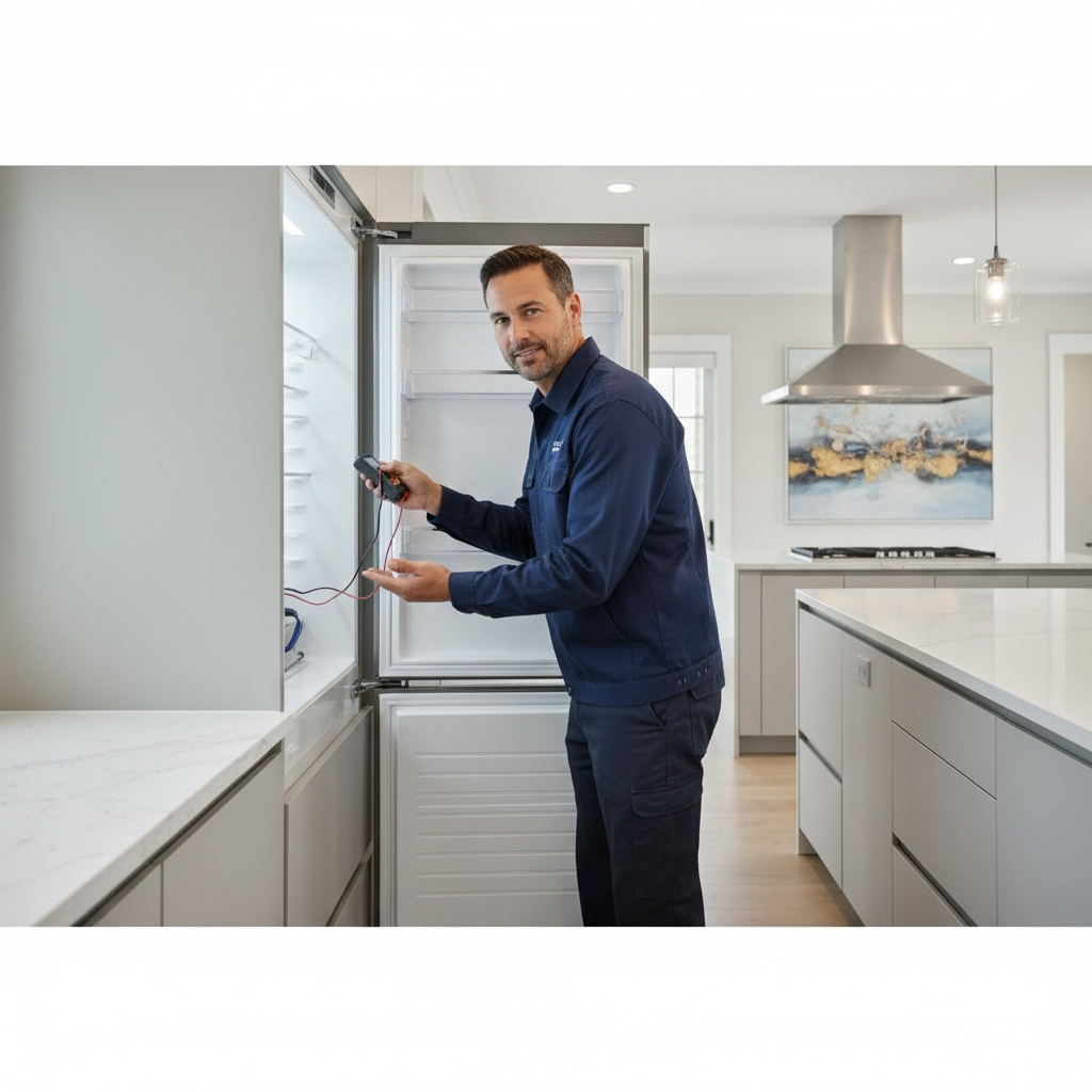 Professional technician inspecting a built-in refrigerator